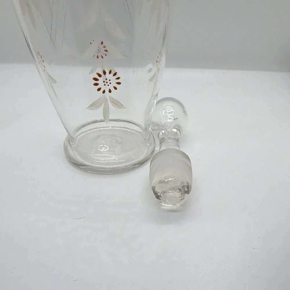 Vintage Handpainted  Floral Clear Glass Decanter Set w/ Lid/Stopper, 2pc